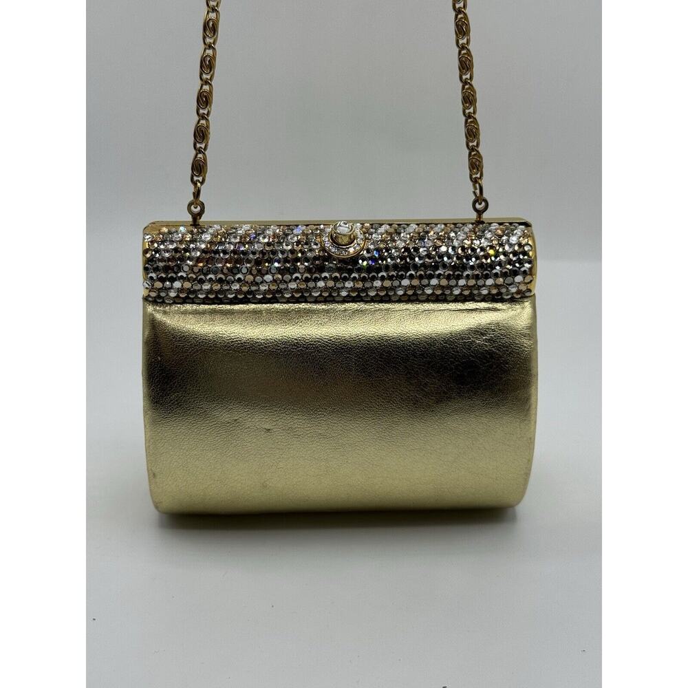 Evening Gold Leather Faux Leather Structured Rhinestone Shoulder Bag Chain Small - Picture 2 of 10